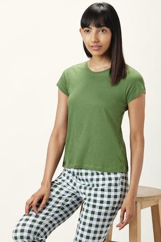 olive solid sleepwear short sleeves round neck women comfort fit top