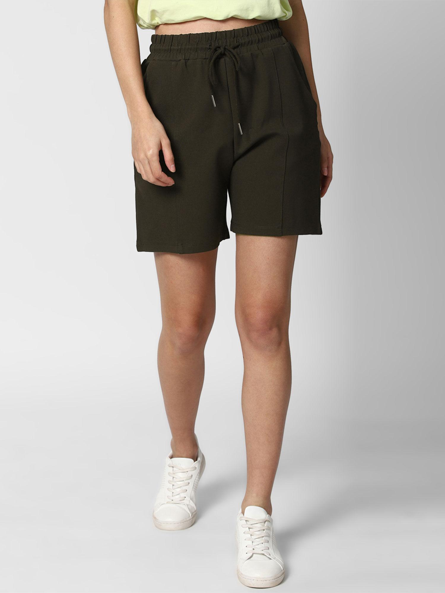 olive solid solid drawstring shorts