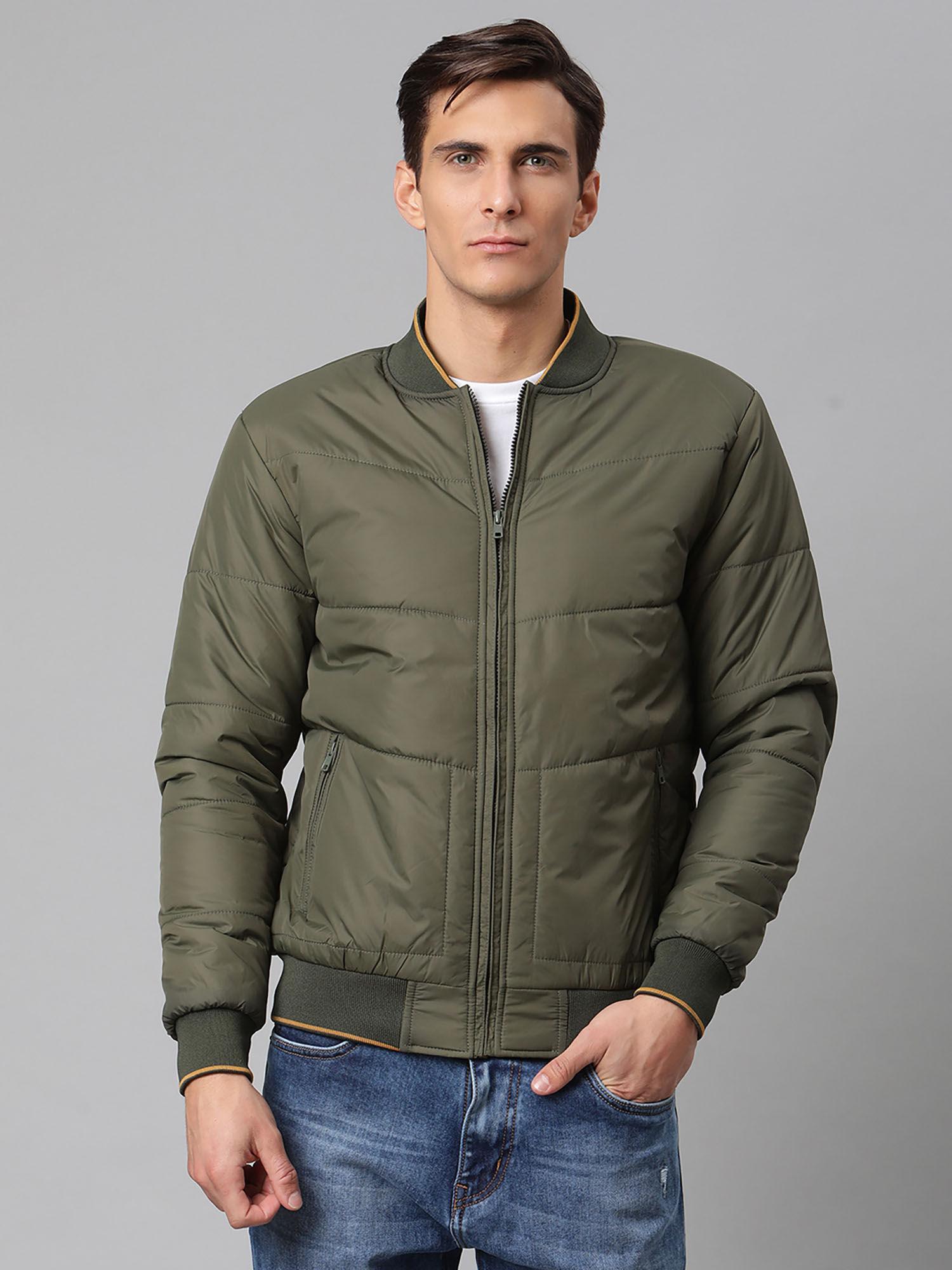 olive solid stand collar jacket