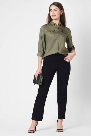 olive solid tencel regular collar women slim fit shirts