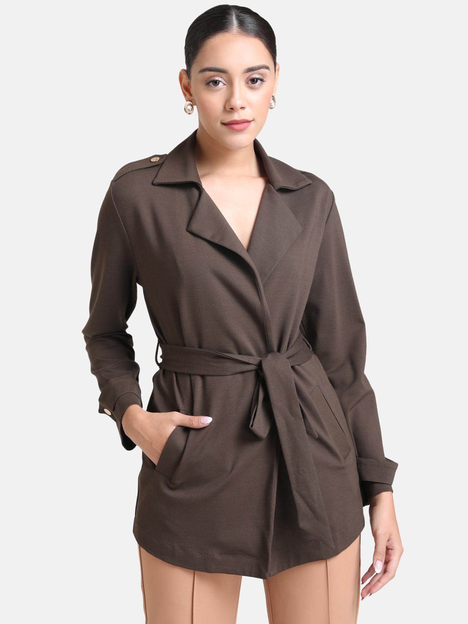 olive solid trench coat with belt detail