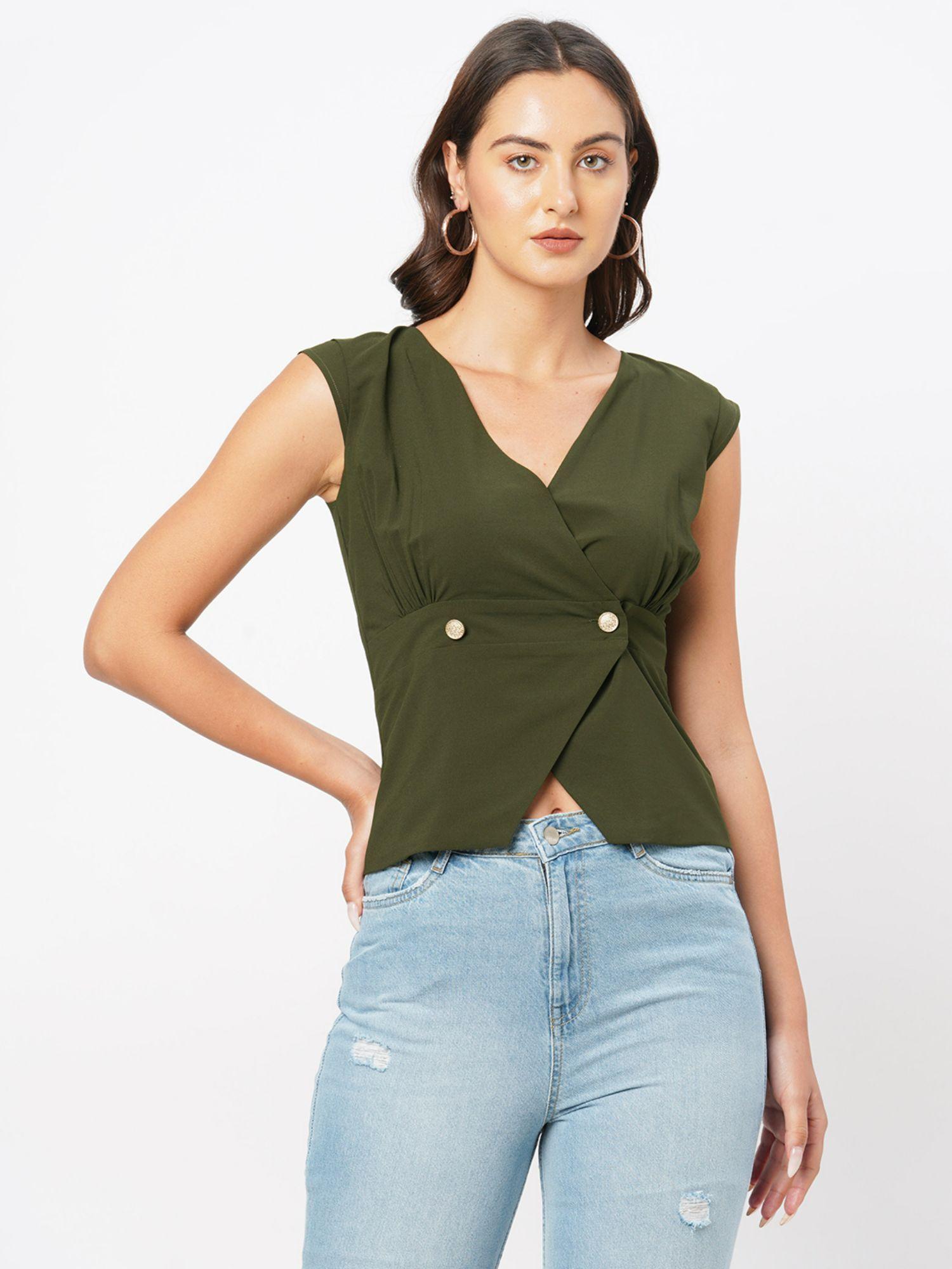 olive solid wrap style top