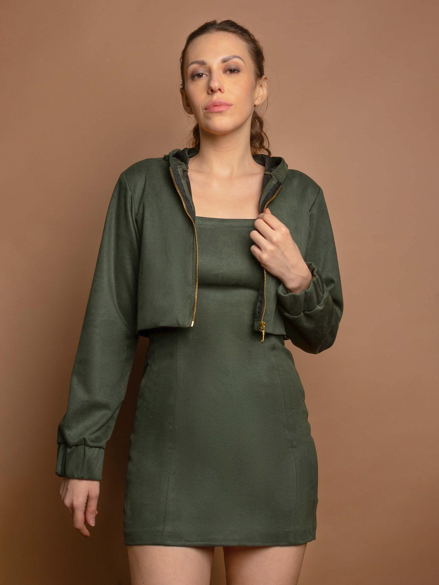 olive spagetti strap dress with jacket (set of 2)