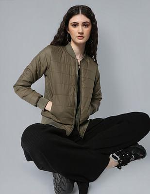 olive stand neck zip up solid quilted jacket