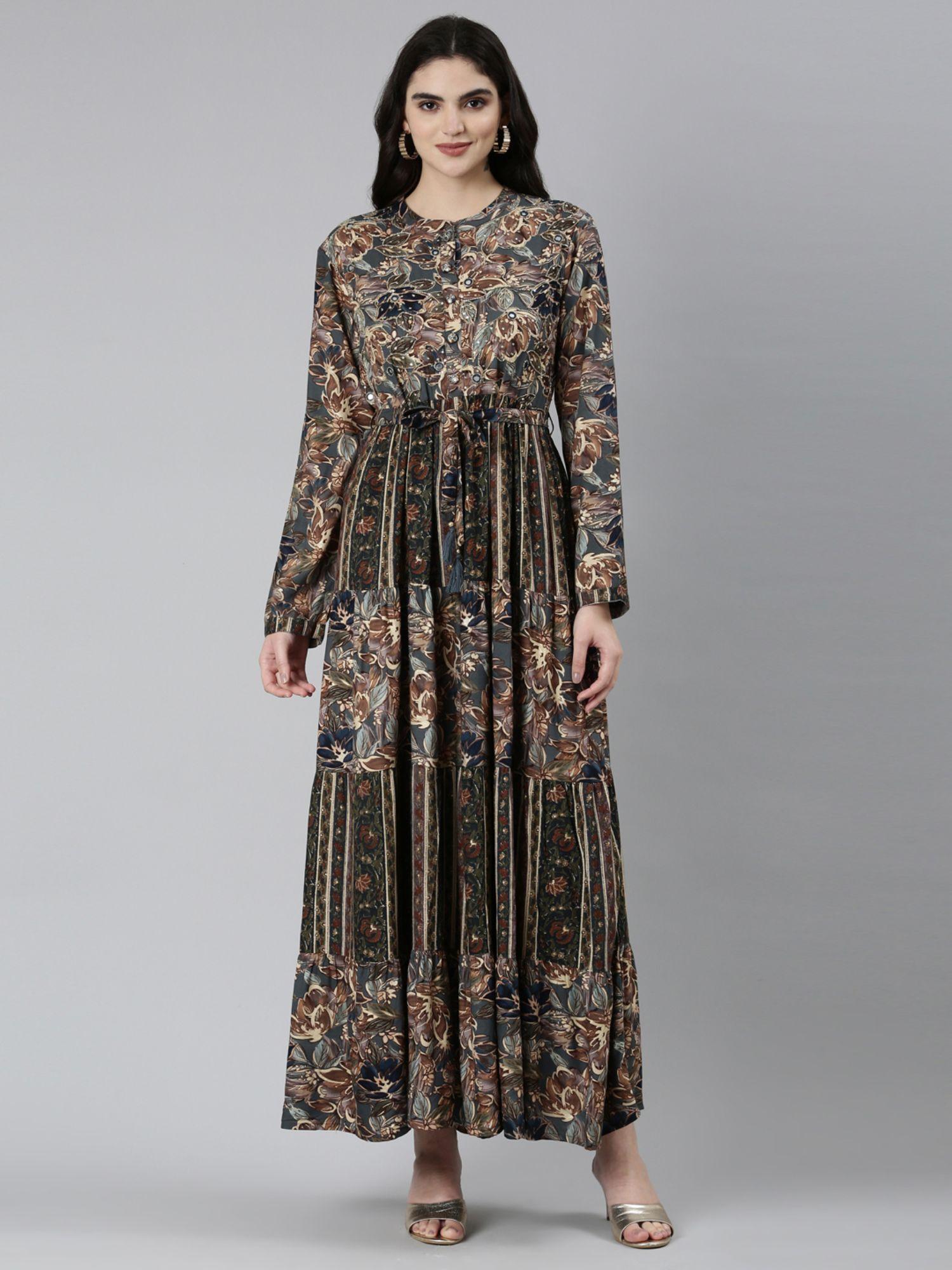 olive straight casual floral dress with belt (set of 2)