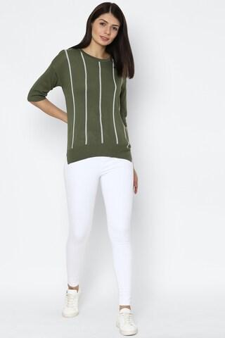 olive stripe casual 3/4th sleeves round neck women regular fit t-shirt