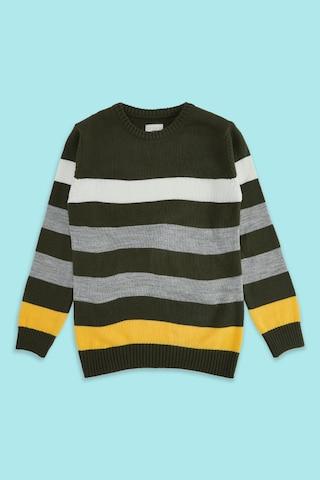 olive stripe casual full sleeves crew neck boys regular fit sweater