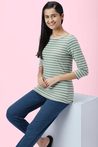 olive stripe sleepwear 3/4th sleeves round neck women comfort fit top