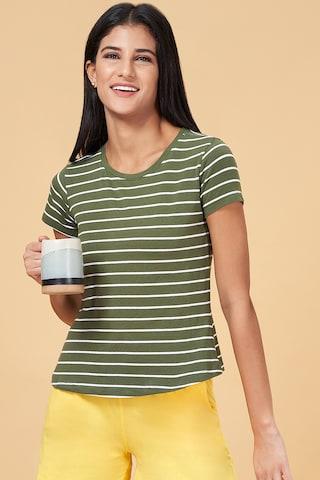 olive stripe sleepwear short sleeves round neck women regular fit top