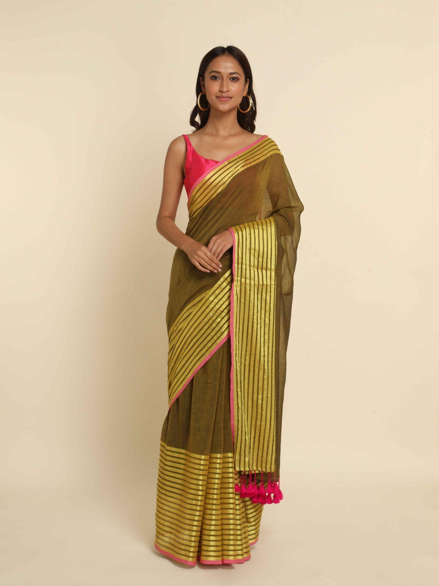 olive stripes cotton blend saree