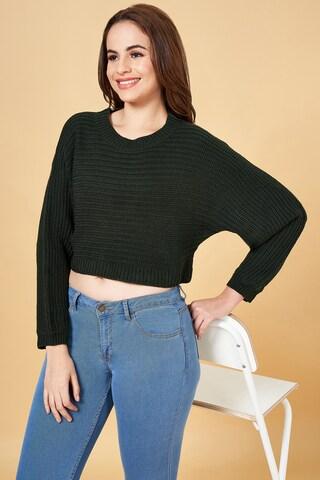 olive textured casual full sleeves round neck women regular fit  sweater