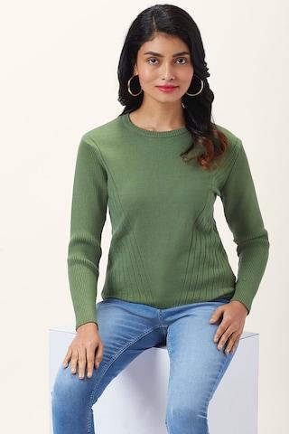 olive textured casual full sleeves round neck women regular fit sweater