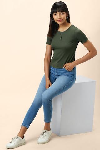 olive textured casual half sleeves henley neck women regular fit t-shirt