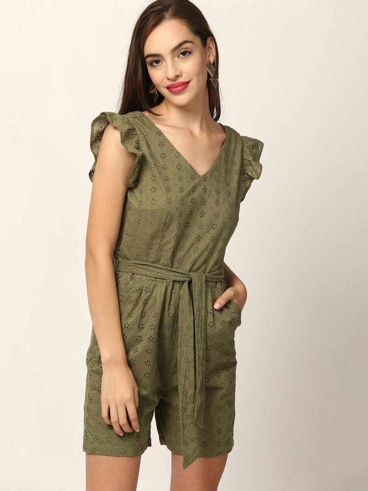 olive v neck embroidered jumpsuit