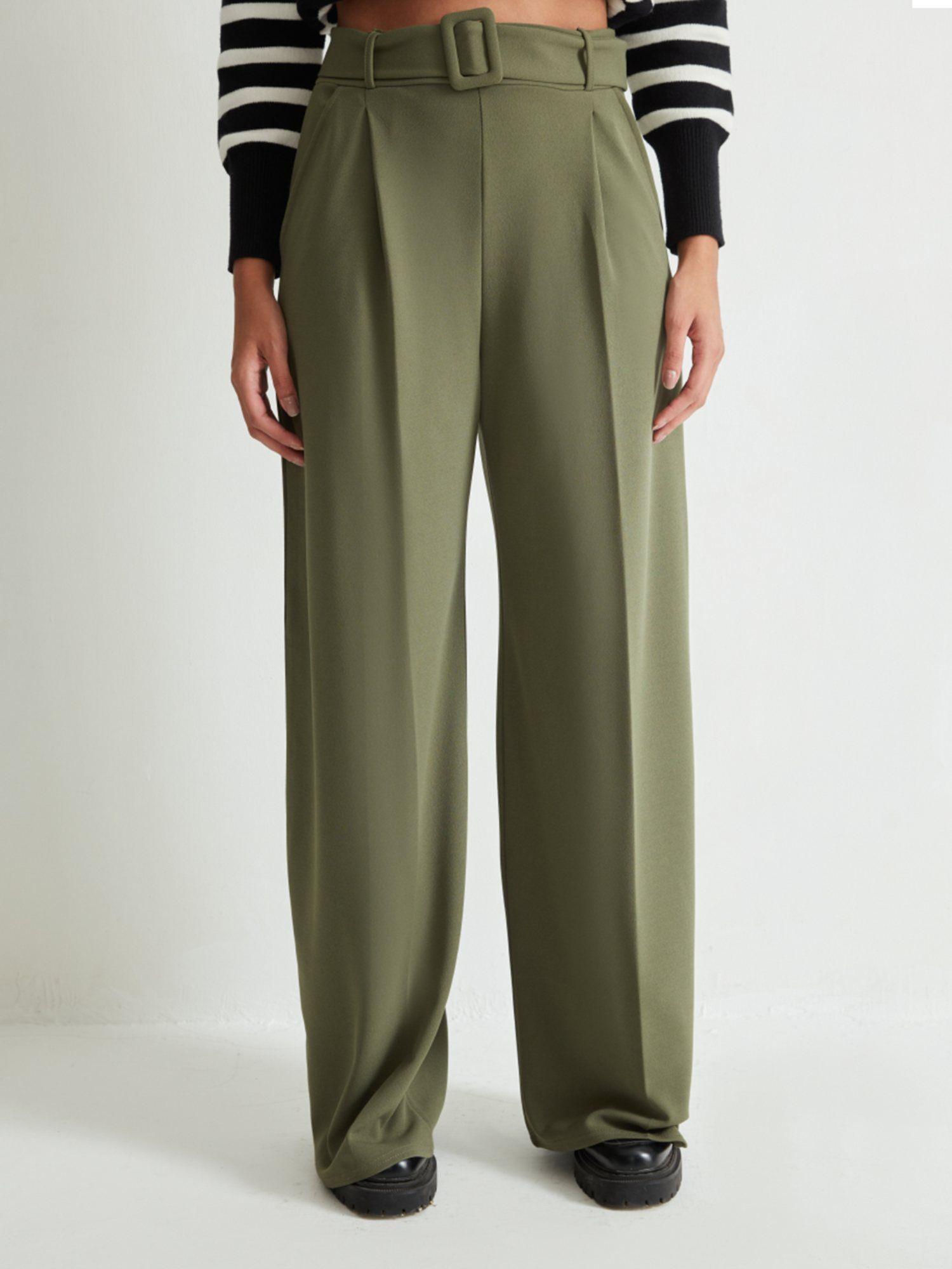 olive wide leg basic trousers with belt (set of 2)