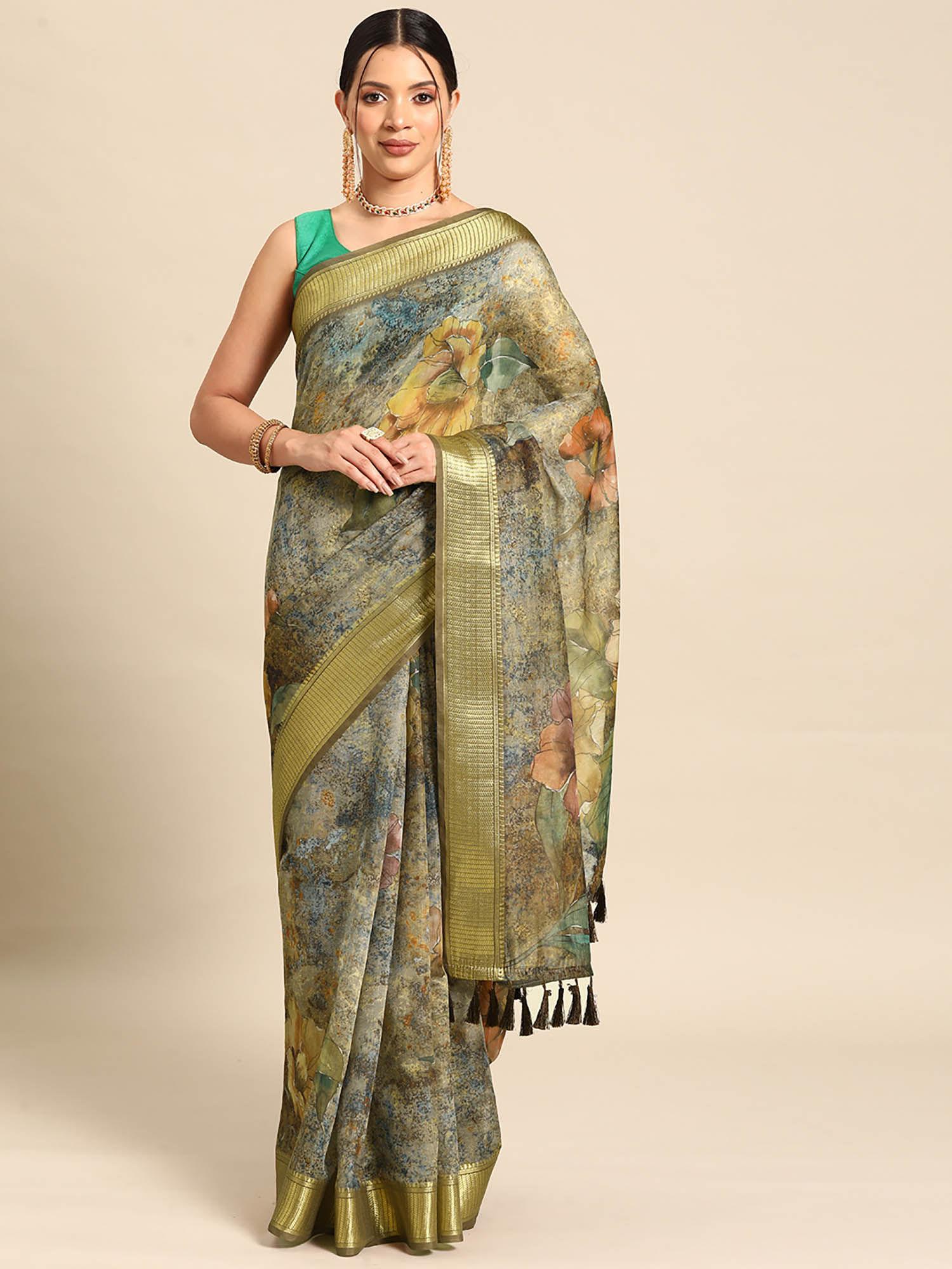 olive women kalamkari cotton blend printed saree with unstitched blouse