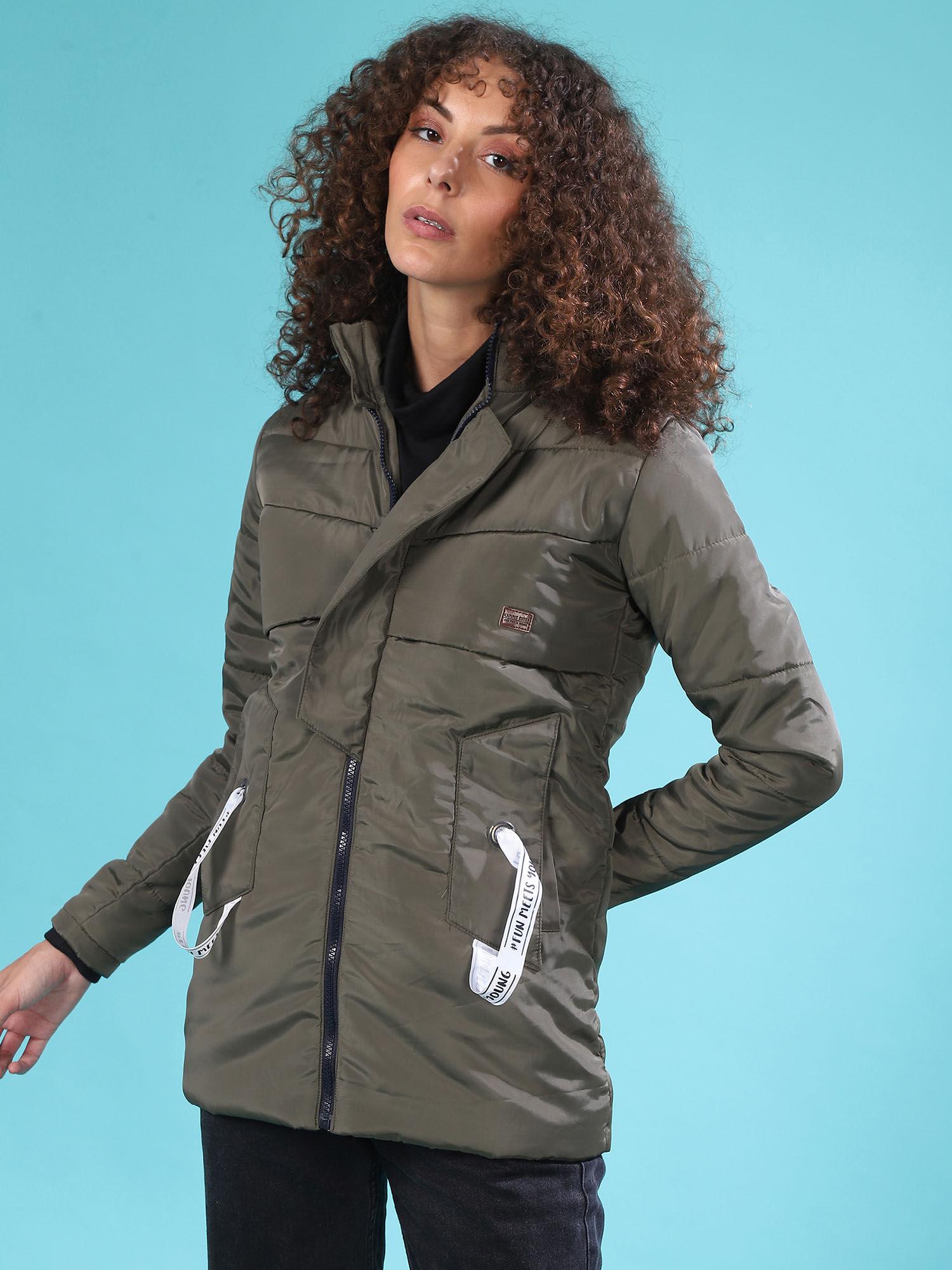 olive women solid stylish casual bomber jacket