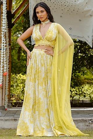 olive yellow viscose georgette digital printed gathered lehenga set