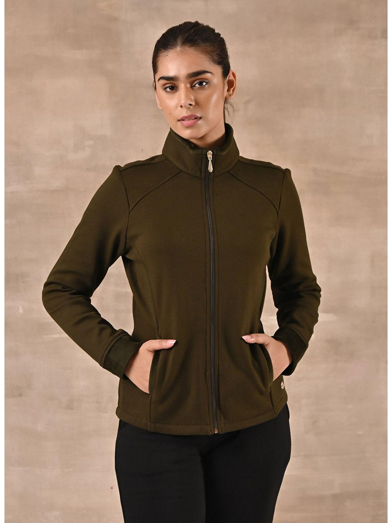 olive zip-front high-neck regular jacket with pockets