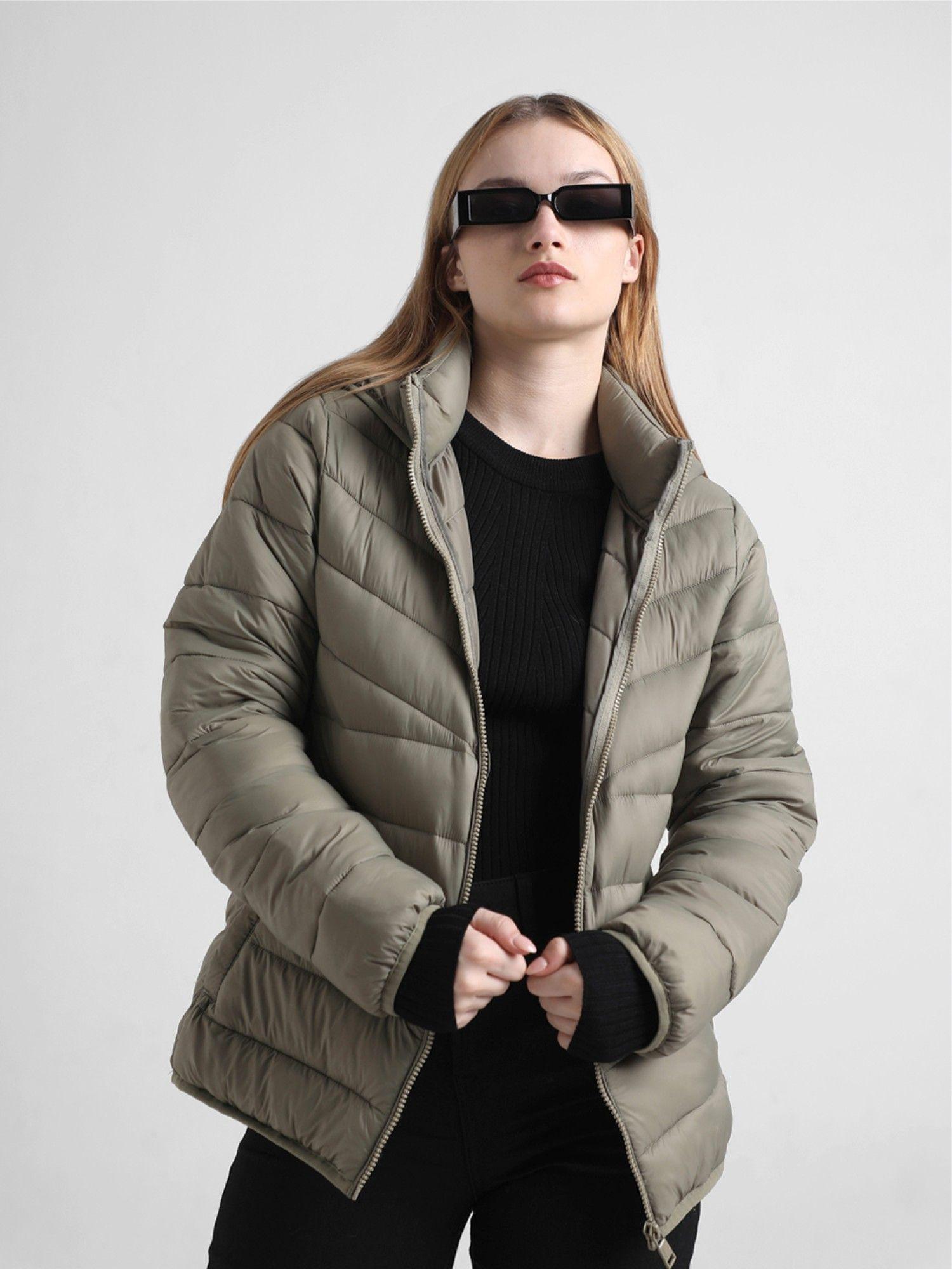 olive zip-up fitted puffer jacket