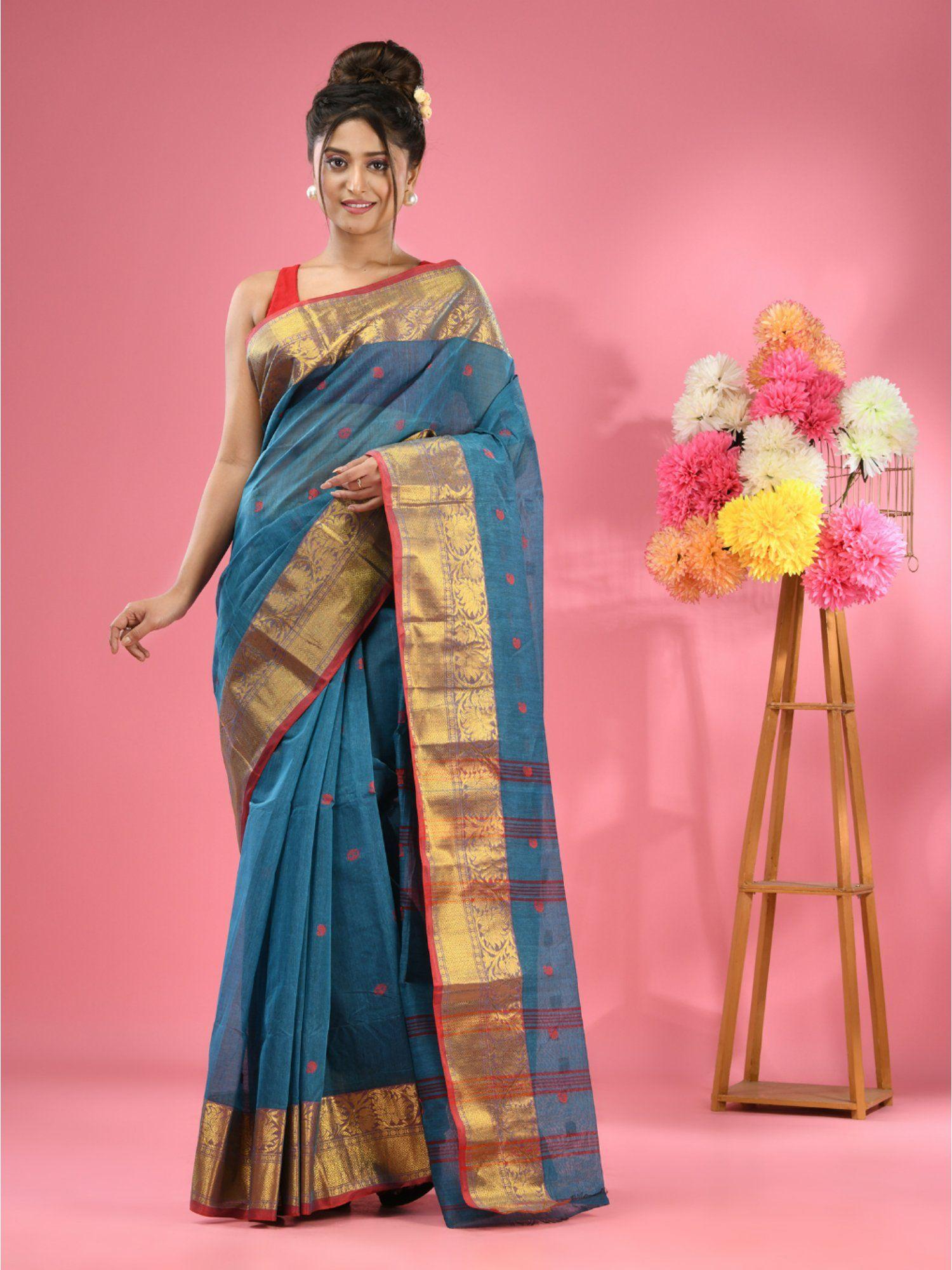 olympic blue pure cotton tant zari border saree without blouse