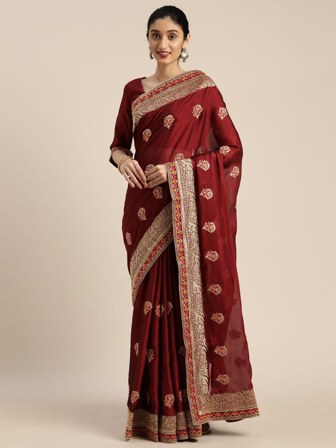om shantam sarees maroon & gold-toned poly crepe embroidered saree