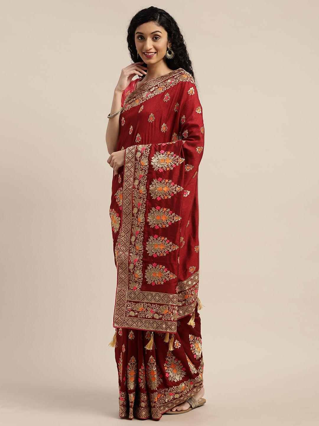 om shantam sarees maroon & gold-toned silk blend embroidered saree