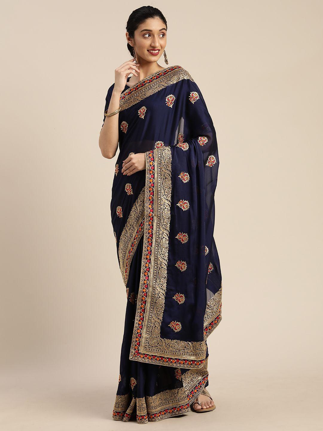 om shantam sarees navy blue & gold-toned poly crepe embellished saree