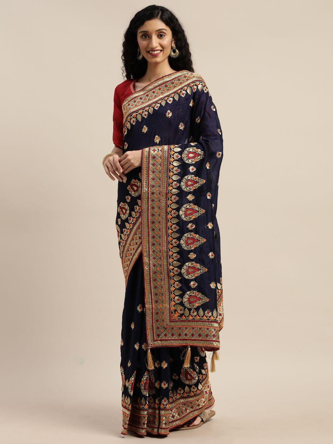 om shantam sarees navy blue embroidered poly crepe saree