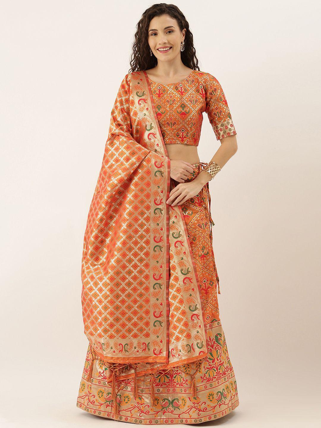 om shantam sarees orange & green semi-stitched lehenga & unstitched blouse with dupatta