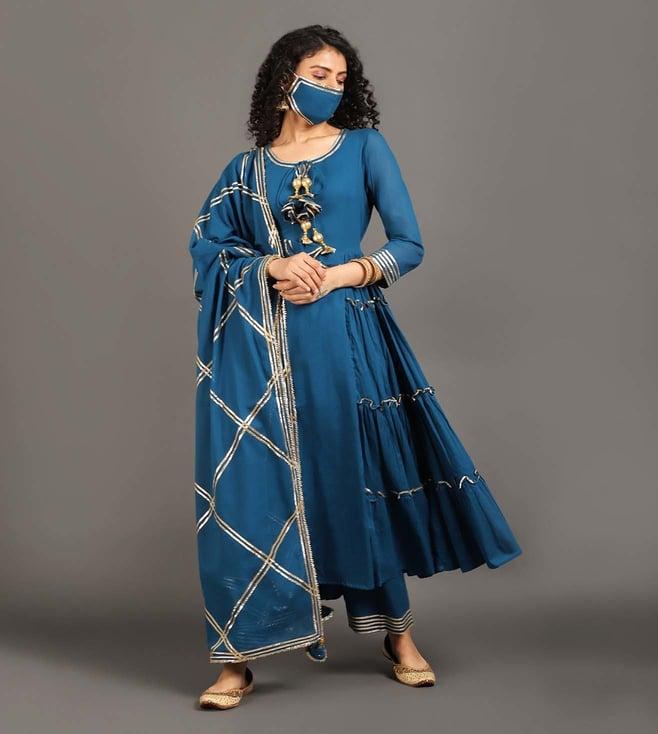 omaana jaipure casa blue zeenat side tier kurta with palazzo & dupatta