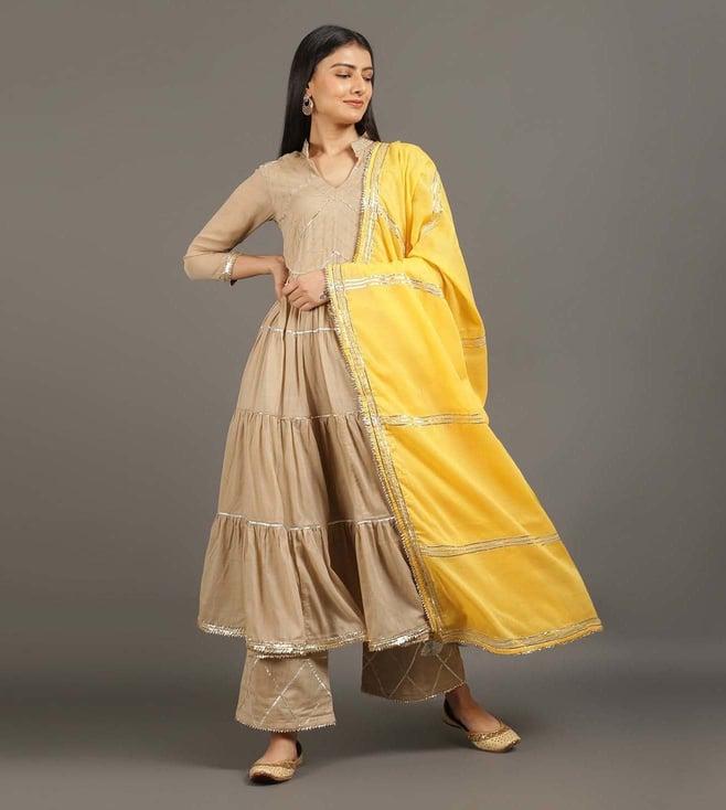 omaana jaipure coffee & yellow fizaa tier kurta with palazzo & dupatta