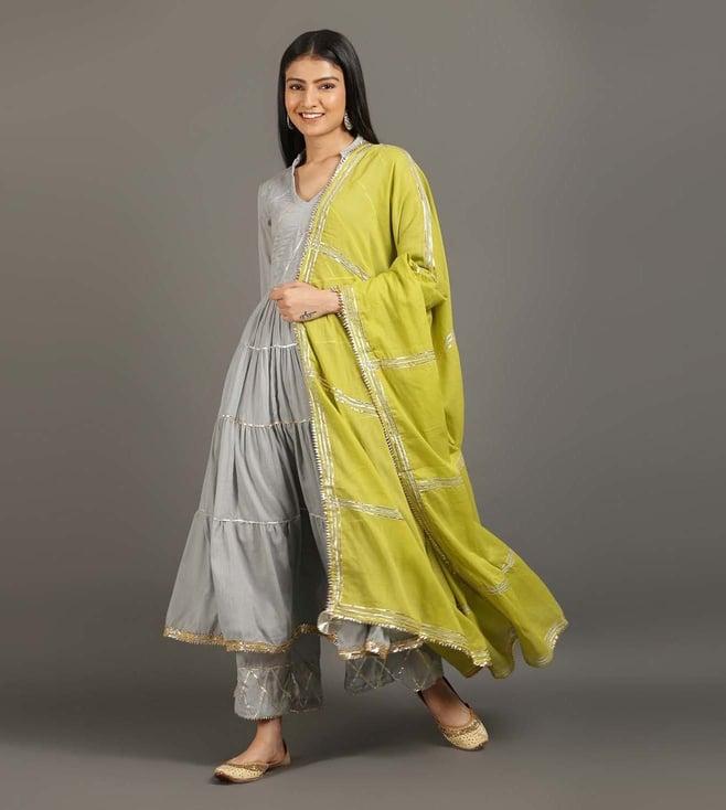 omaana jaipure grey & parrot green fizaa tier kurta with palazzo & dupatta