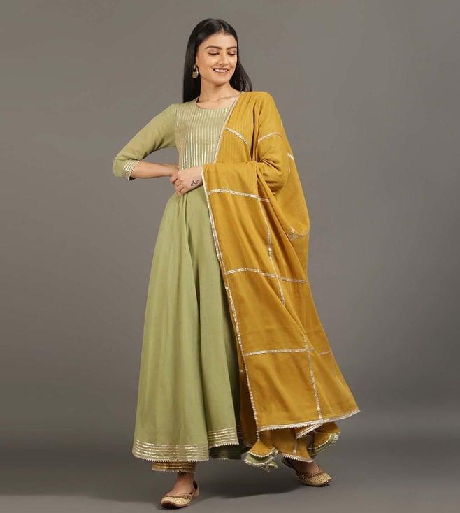 omaana jaipure moss green & mustard hariyali heer kurta with palazzo & dupatta