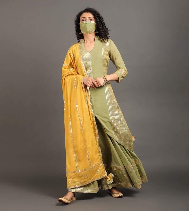 omaana jaipure moss green & yellow harit basant kurti with ghagri & dupatta