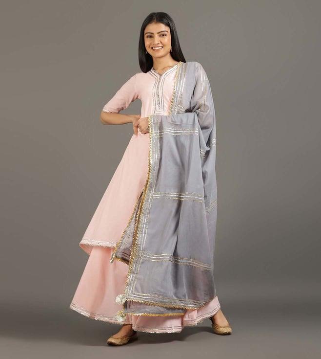 omaana jaipure pink & grey festive double layered dress with dupatta - lr