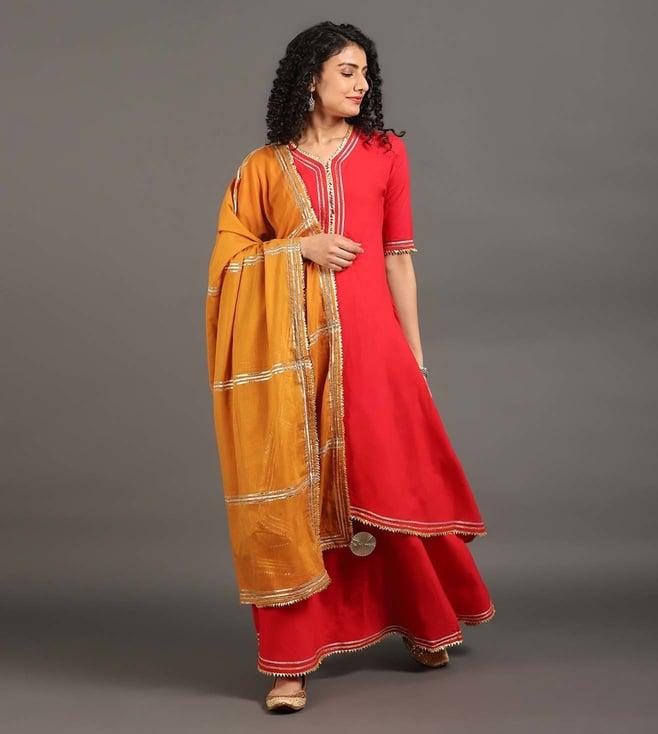 omaana jaipure red & mustard festive double layered dress with dupatta - lr