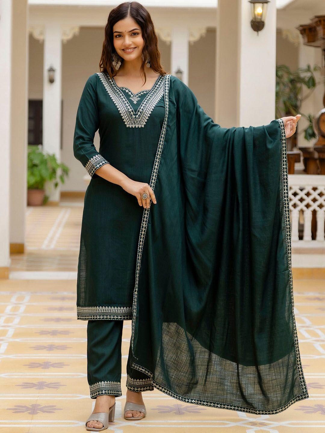 omask embroidered regular sequinned kurta with trousers & with dupatta