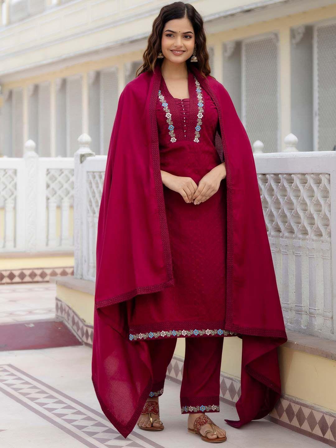 omask floral embroidered pure cotton straight  kurta with trousers & dupatta