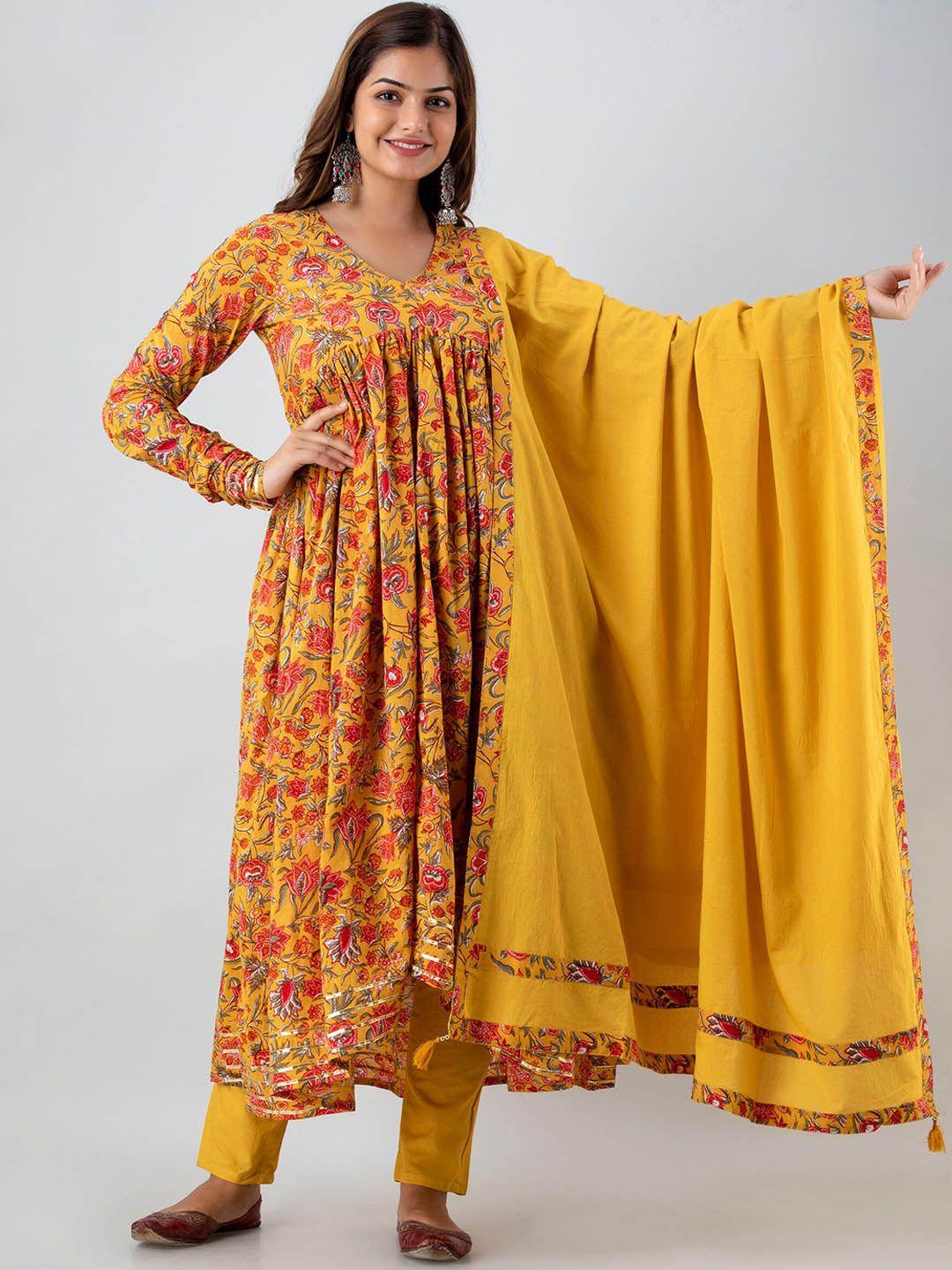 omask women mustard yellow floral printed empire pure cotton kurta with trousers & with dupatta