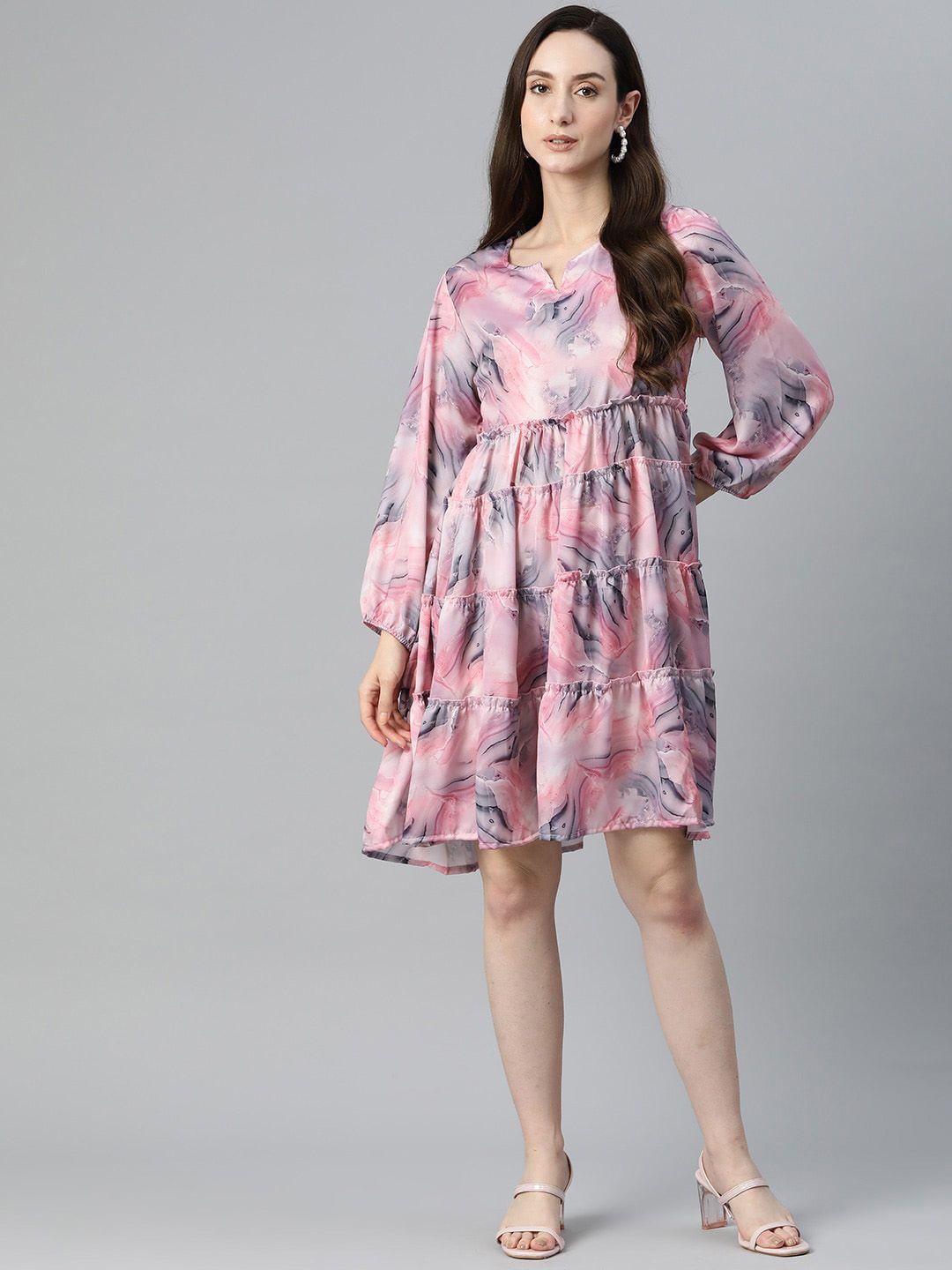 omask abstract printed puff sleeve tiered modal a-line dress