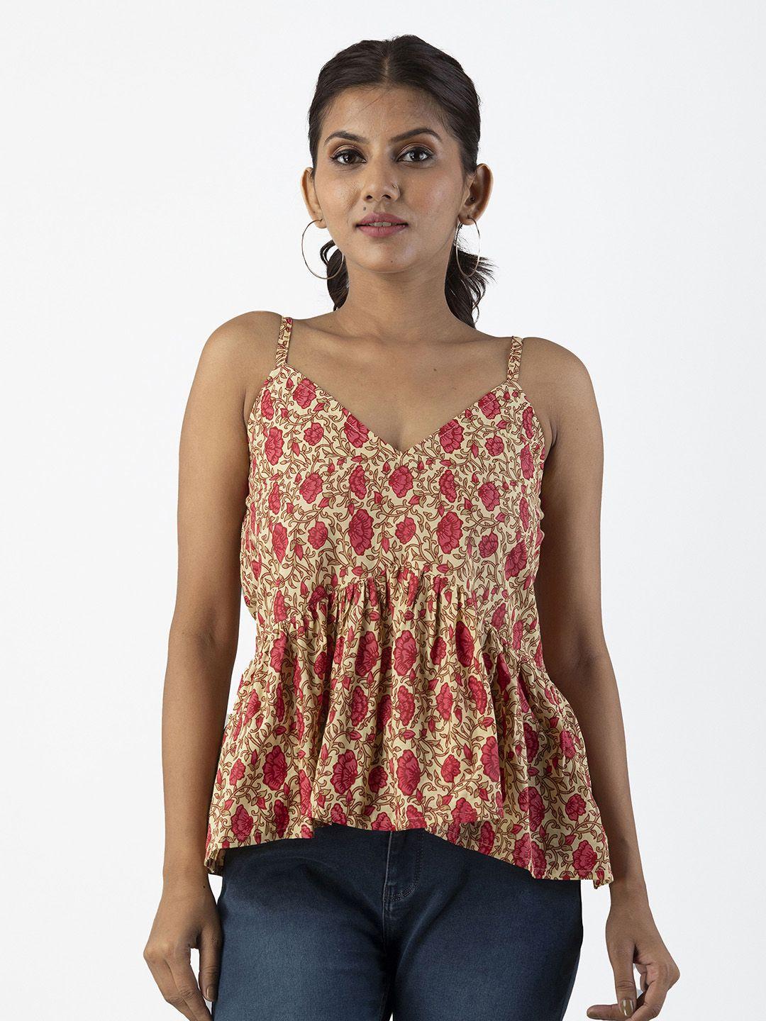 omask beige & red floral print cotton indigo top