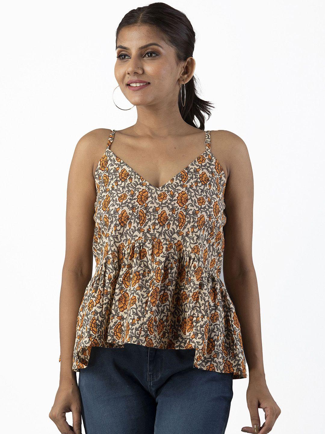 omask beige floral print indigo top