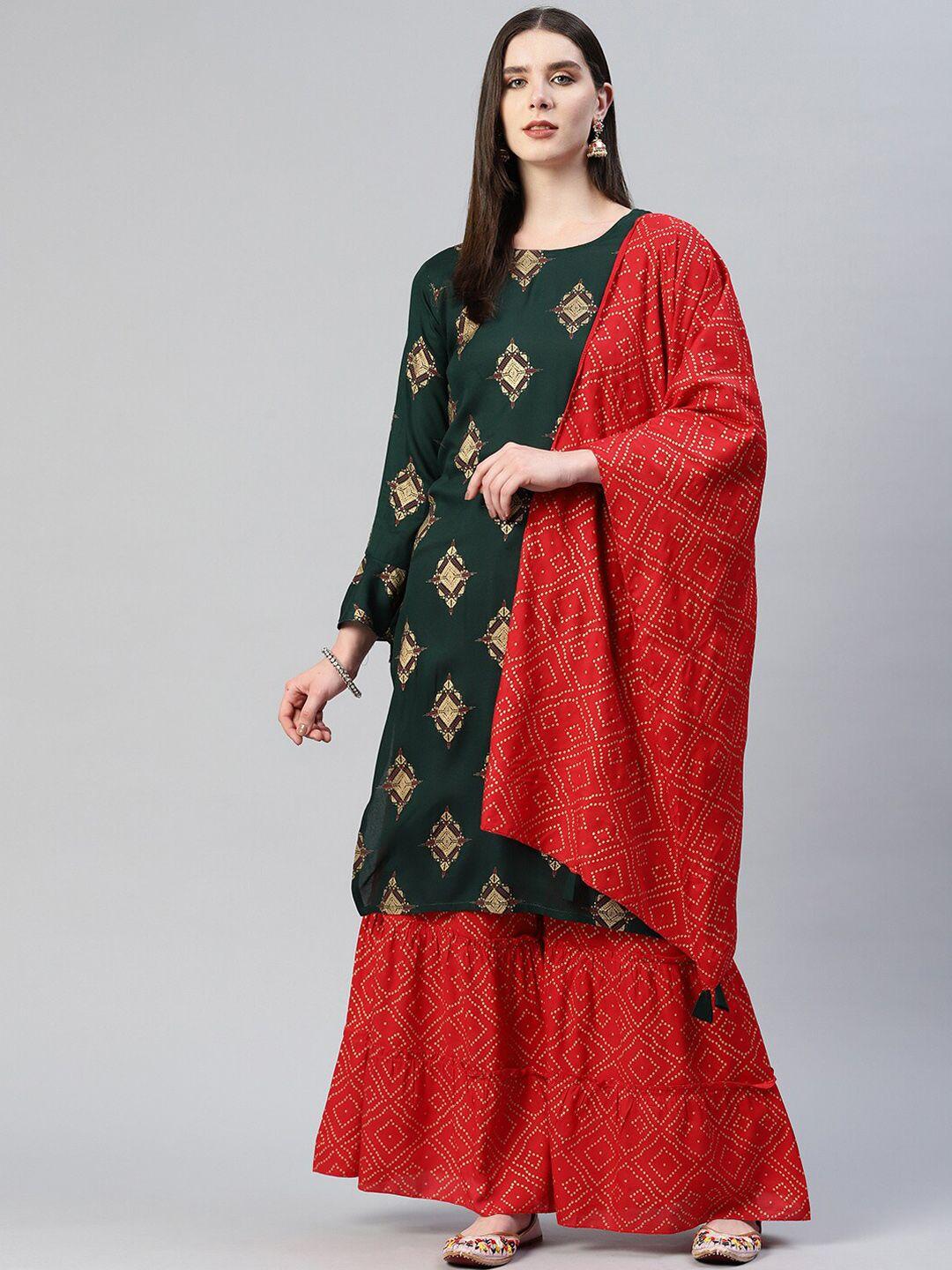 omask bell sleeves ethnic motifs printed kurta with sharara & dupatta