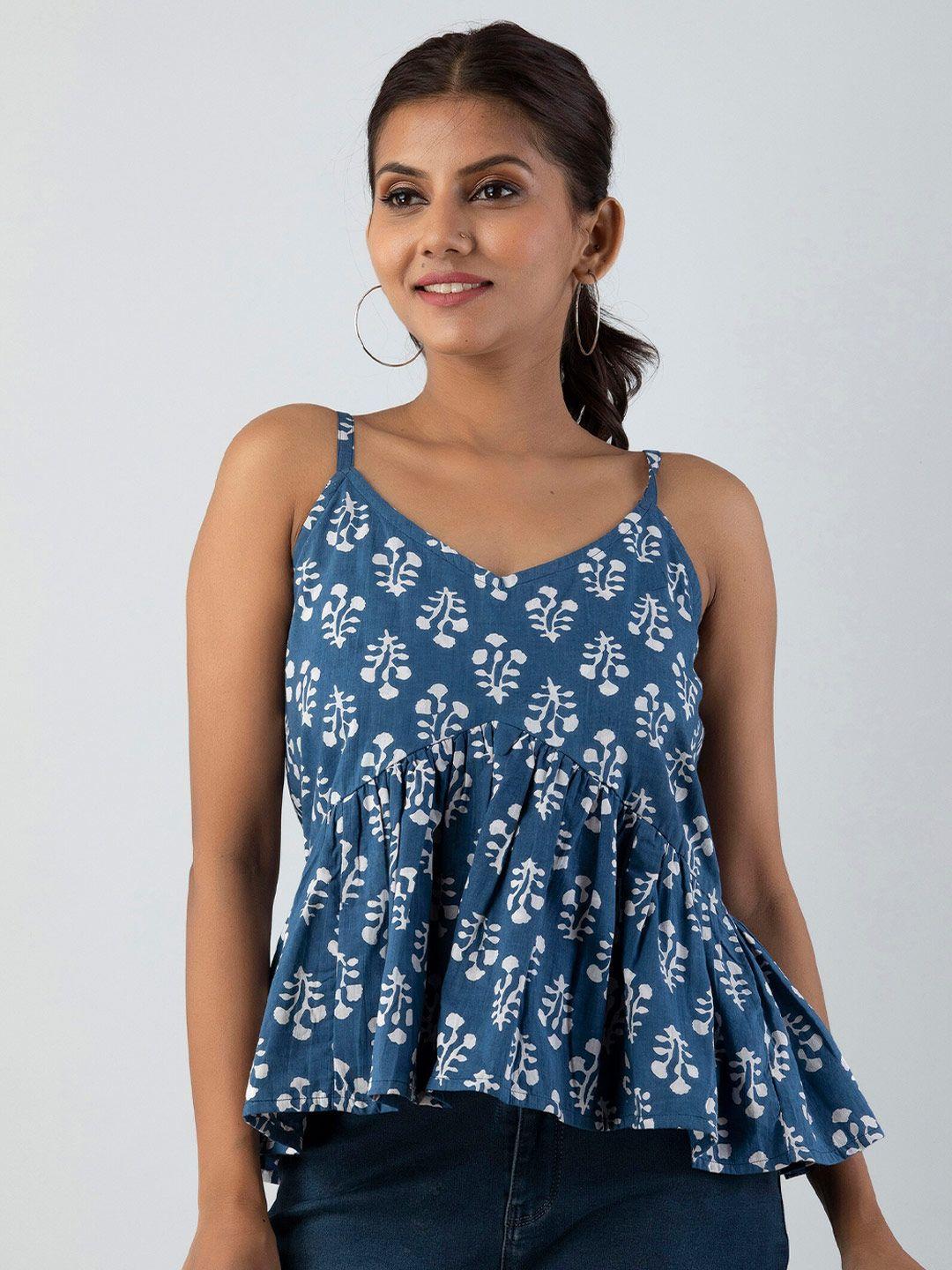 omask blue floral print indigo pure cotton peplum top