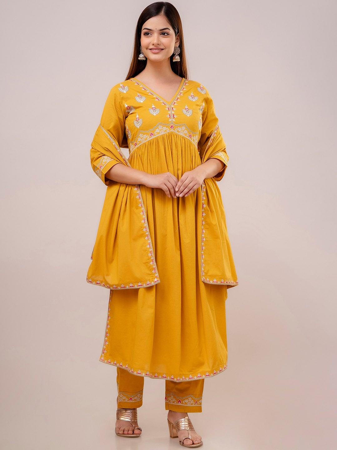 omask ethnic motifs embroidered empire aari work pure cotton kurta with trousers & dupatta