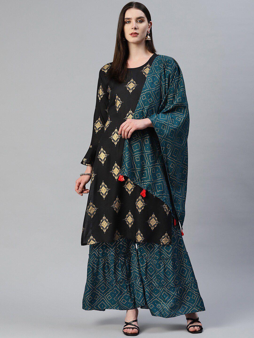 omask ethnic motifs printed kurta with sharara & dupatta