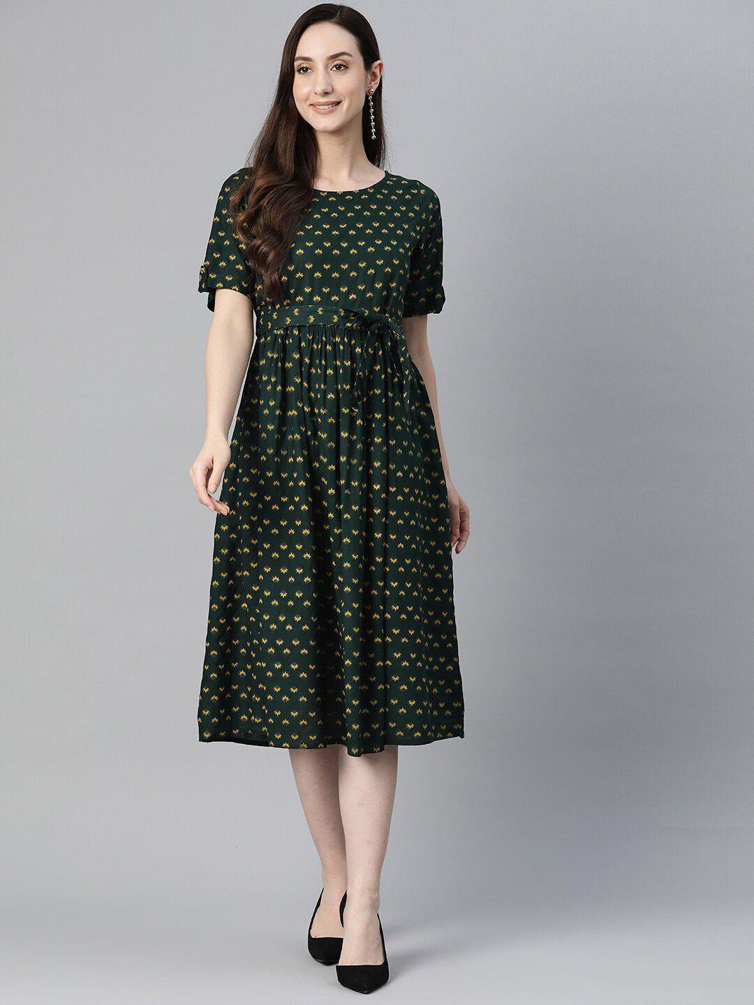 omask ethnic motifs printed puff sleeve fit and flare midi dress with belt