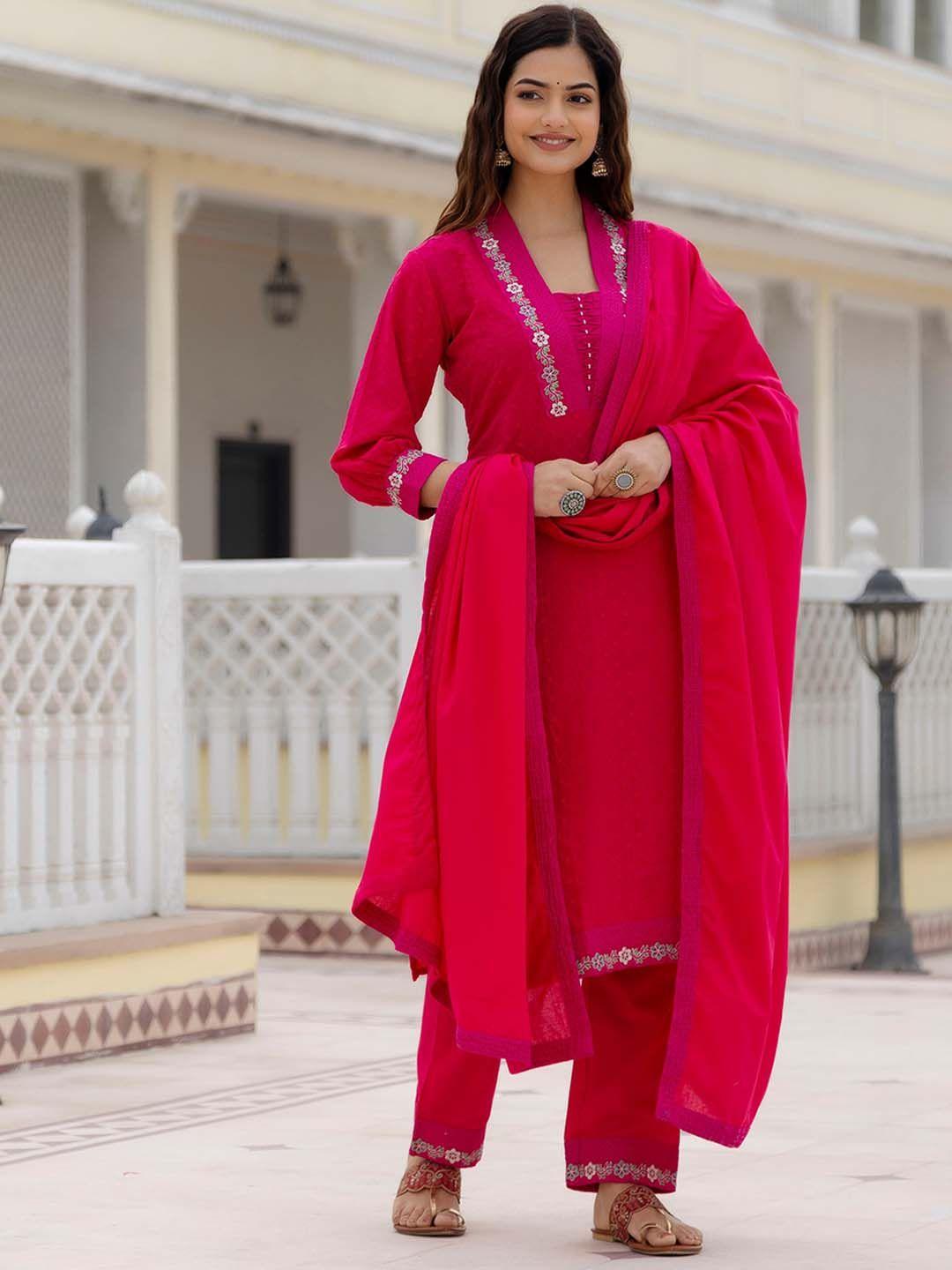 omask floral embroidered regular pure cotton kurta with trousers & with dupatta