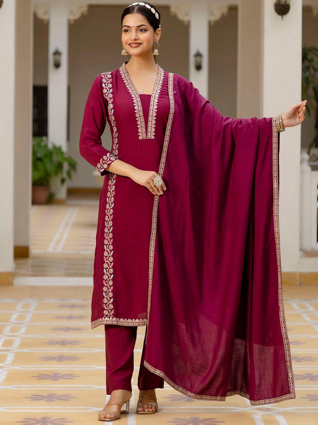 omask floral embroidered regular thread work straight kurta with trousers & dupatta